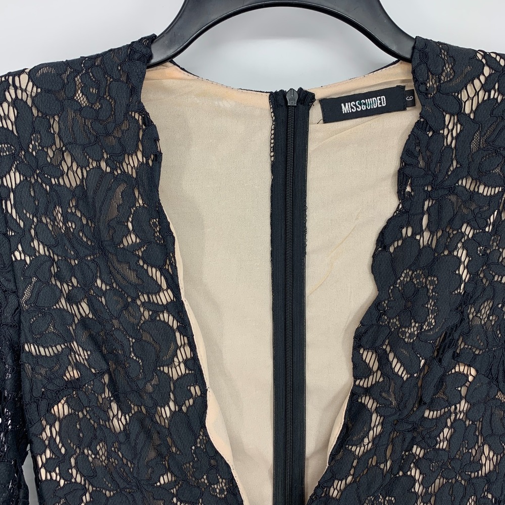 Missguided Jumpsuit Womens Size 2 Black Lace Plunge V Neck Long Sleeve Straight - Picture 5 of 13